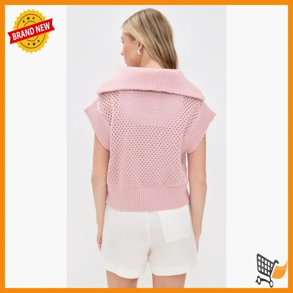 Cropped Half Zip Cotton Sweater, Loose Fit, Short Sleeve Pullover